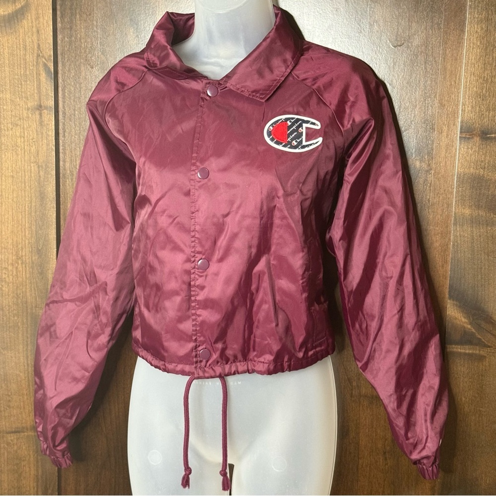 Vintage Champion Women's Burgundy Bomber Jacket size S oversized cropped